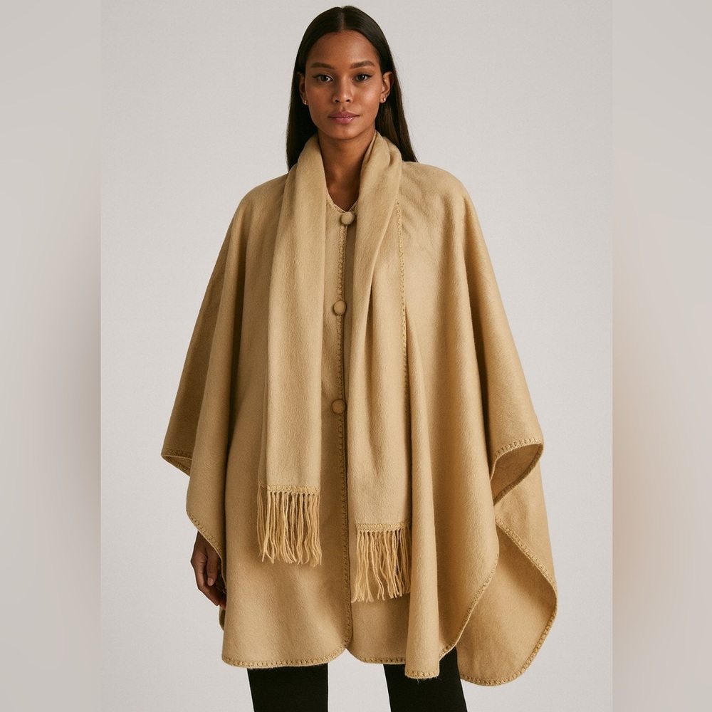 Alpaca Camargo made in Peru Tan Poncho with Buttons and Built in Scarf OS